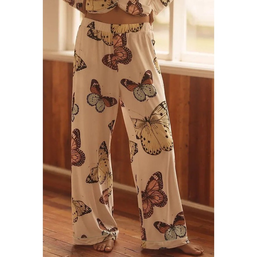 LyreBird Anthropologie Butterfly Print Wide Leg Pajama Pants White XL Pockets